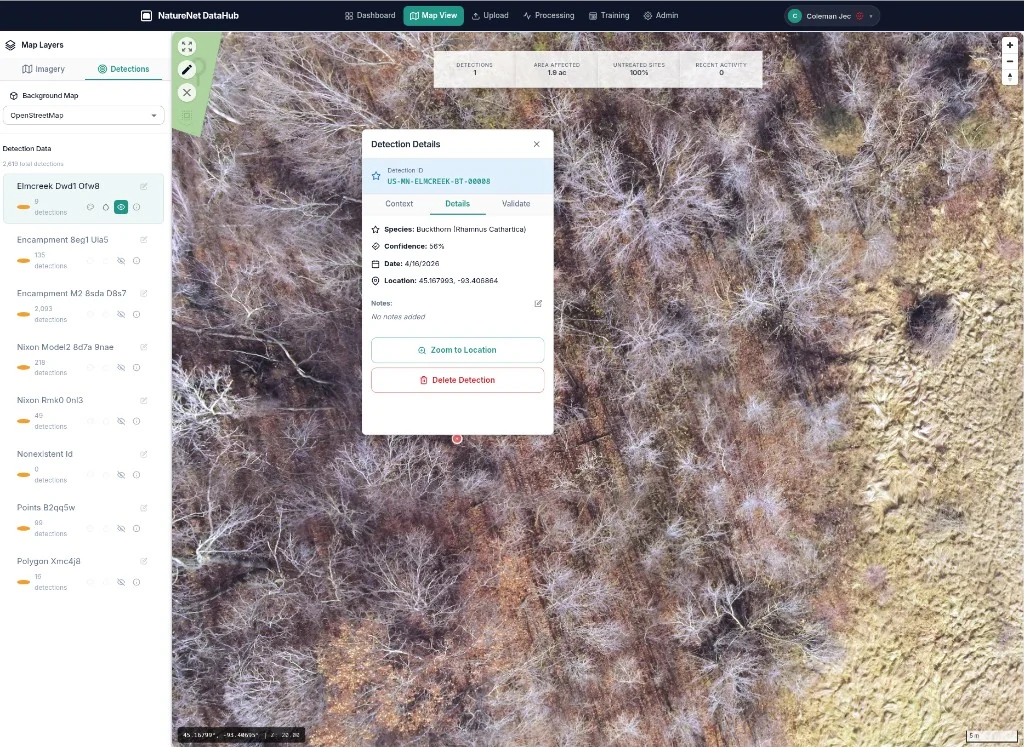 NatureNet DataHub map view — drone orthomosaic with detection pins for invasive species over a multi-site dashboard.