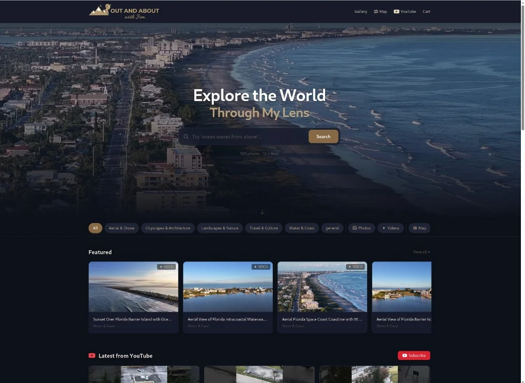 Out & About with Jim home page — Florida barrier-island aerial hero with a featured row of aerial video tiles.